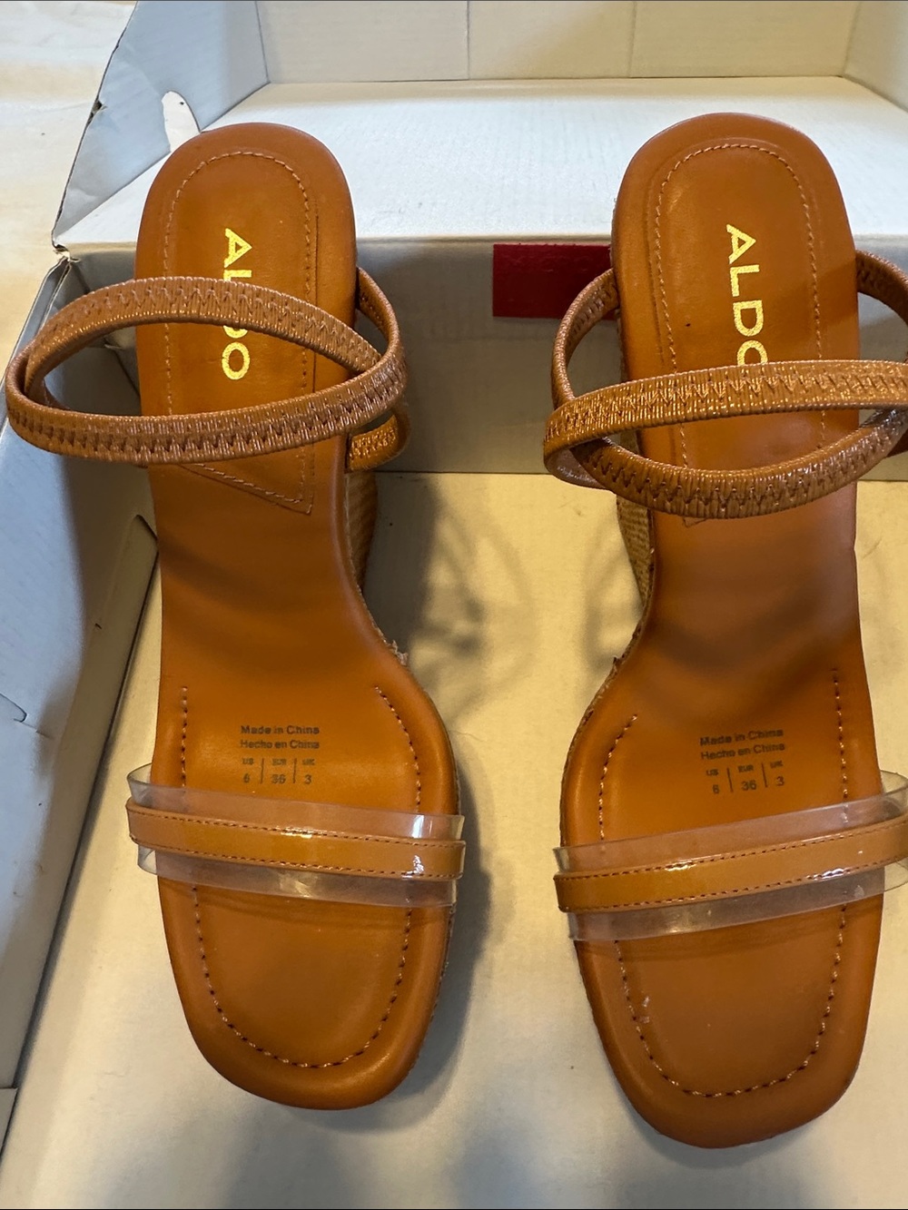 ALDO Tan Strappy Block Heels with Clear Toe Bands